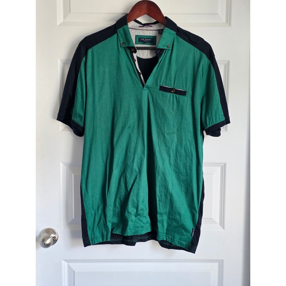 Ted Baker London Mens Green Navy Colorblock Polo Shirt Short Sleeve Size 5 XL